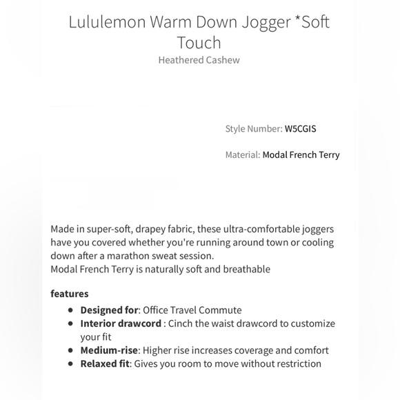 NWT Lululemon Warm Down Jogger *Soft Touch Heathered Cashew - Picture 9 of 9